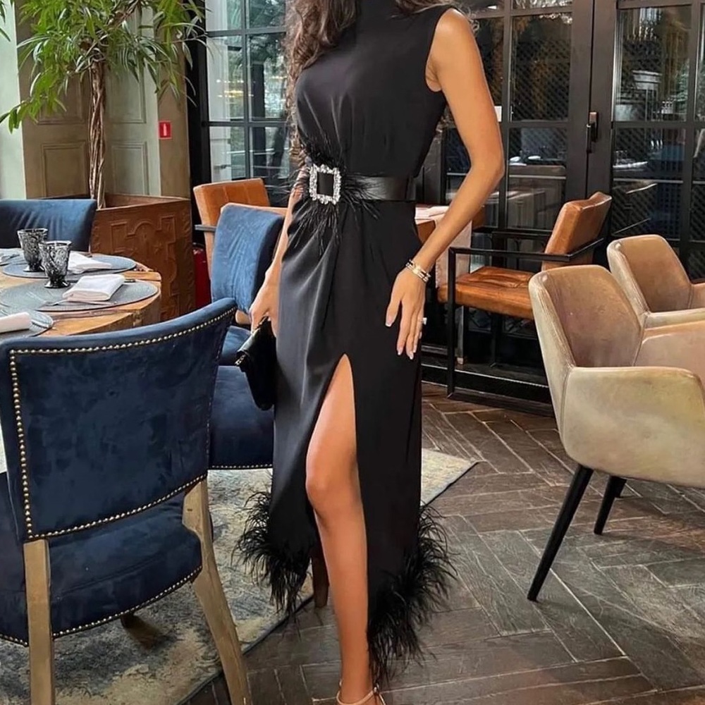 Black Feather Dress with Slit